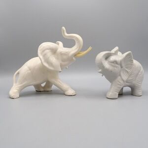2 White Ceramic Elephant Figurine Trunk Up Tusks‎ 6in & 4in Lot of 2 set